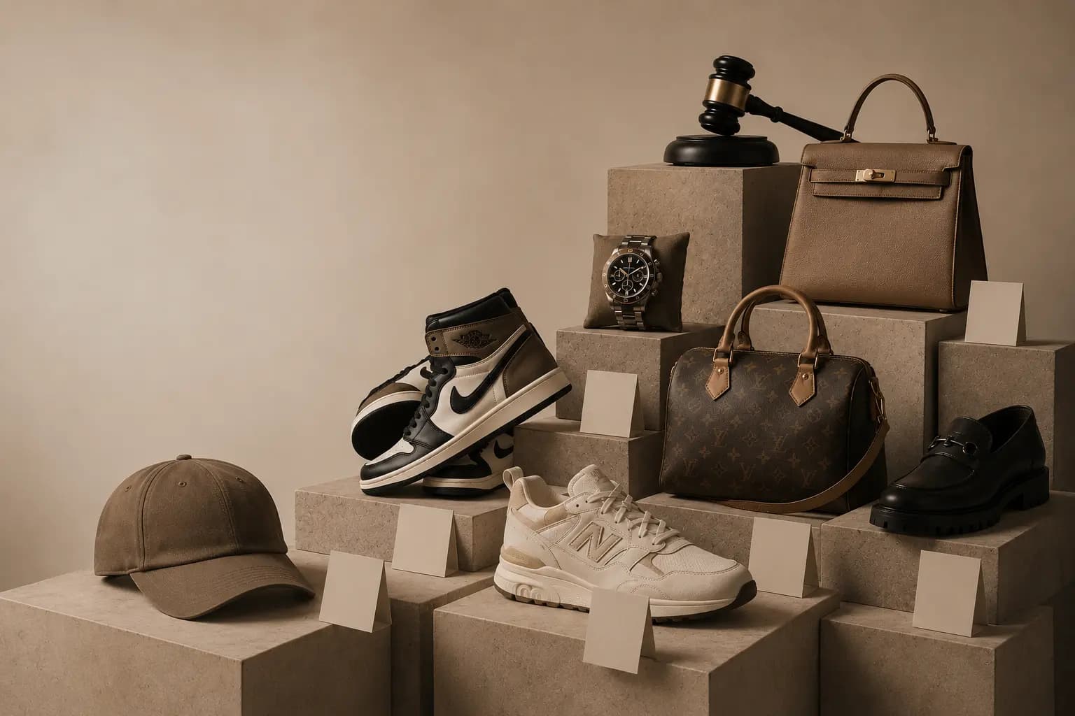 Sneakers, bags, a watch and a gavel on display plinths